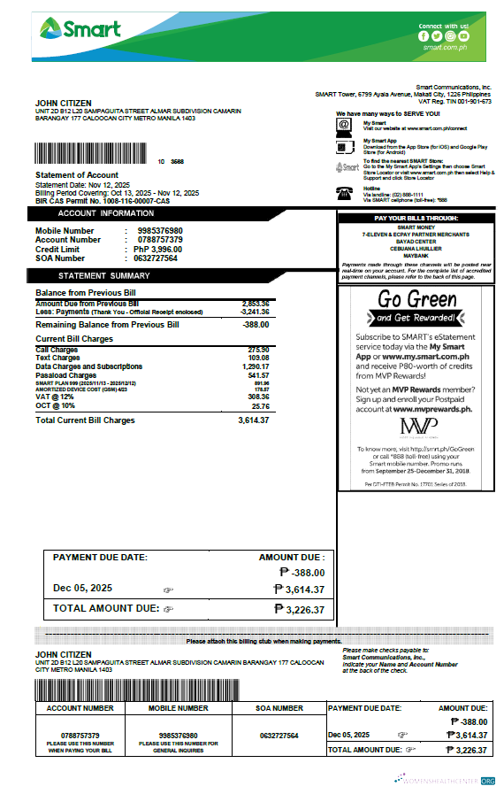 download Philippines Smart utility bill template in Word and PDF formats, version 2 PDF template